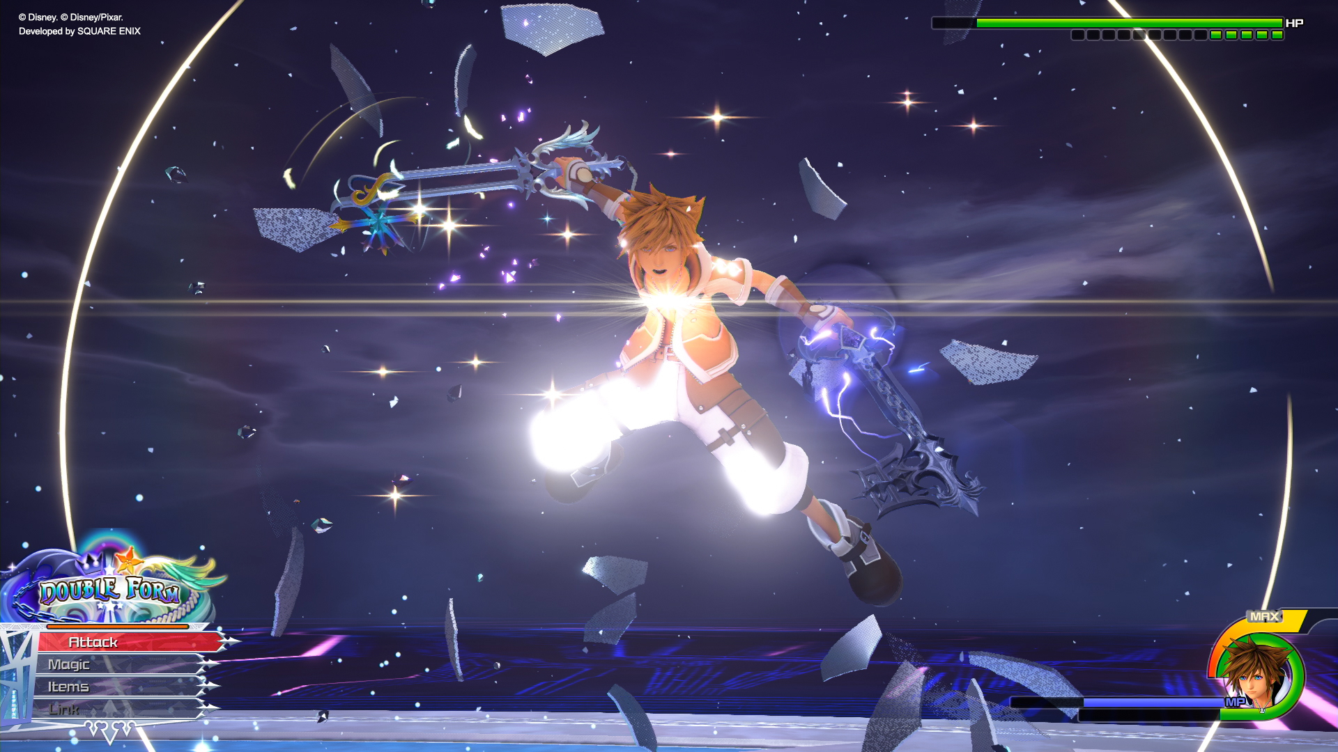 Kingdom hearts 2 sora and roxas facing back to back with the oathkeeper  keyblade in the middle